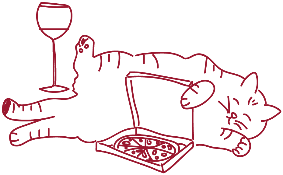Gato ilustrado con vino y pizza