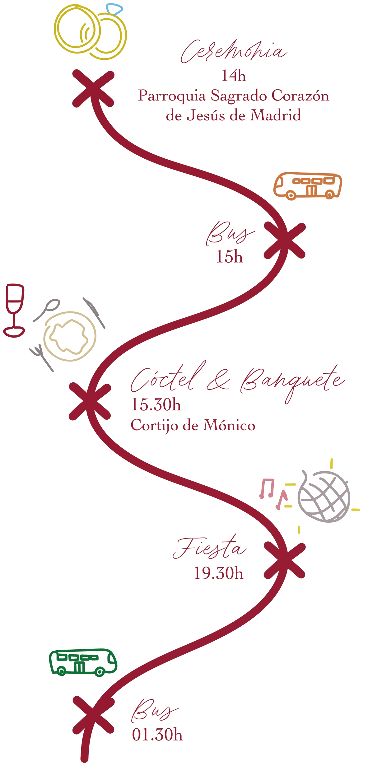 Programa: Ceremonia 14h, Bus 15h, Cóctel y Banquete 15:30h, Fiesta 19:30h, Bus 01:30h