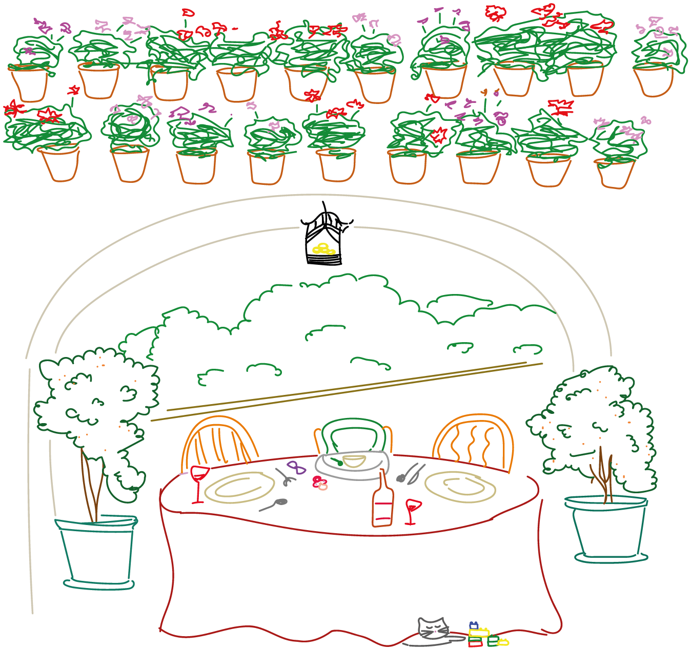 Ilustración de macetas y mesa bajo un porche